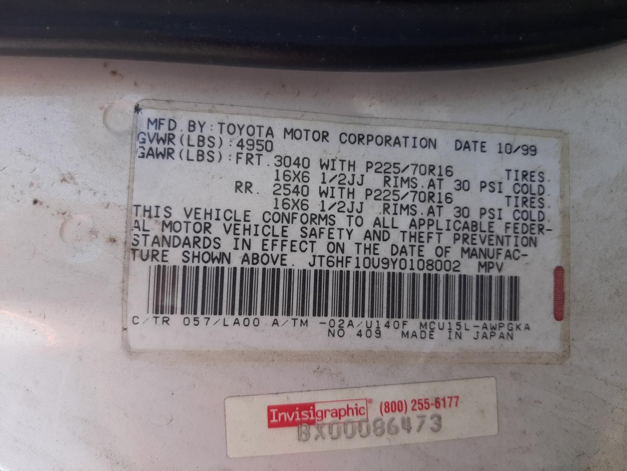 Photo 10 from auction – 2000 LEXUS RX 300 with VIN JT6HF10U9Y0108002