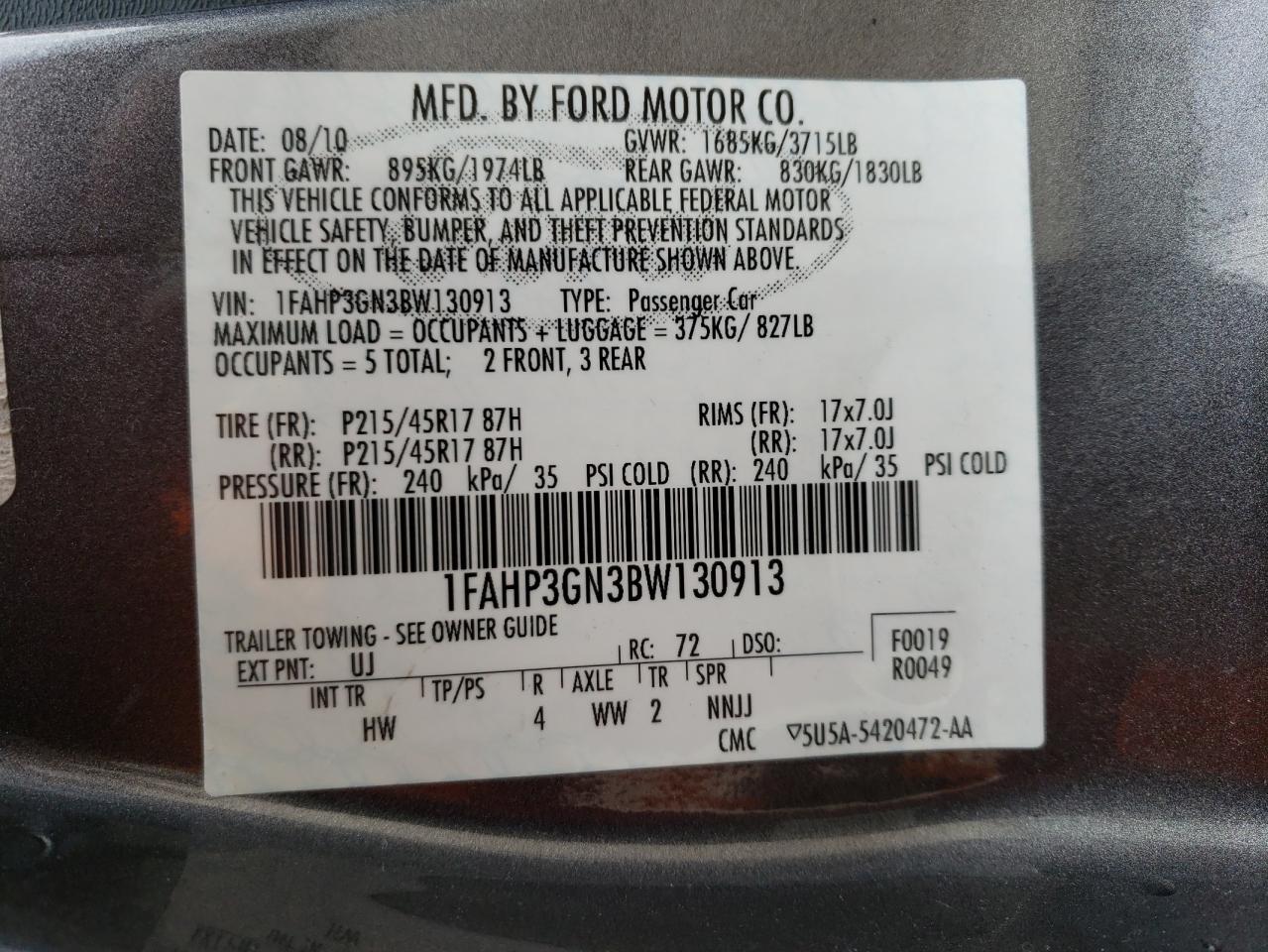 Photo 10 from auction – 2011 FORD FOCUS SES with VIN 1FAHP3GN3BW130913
