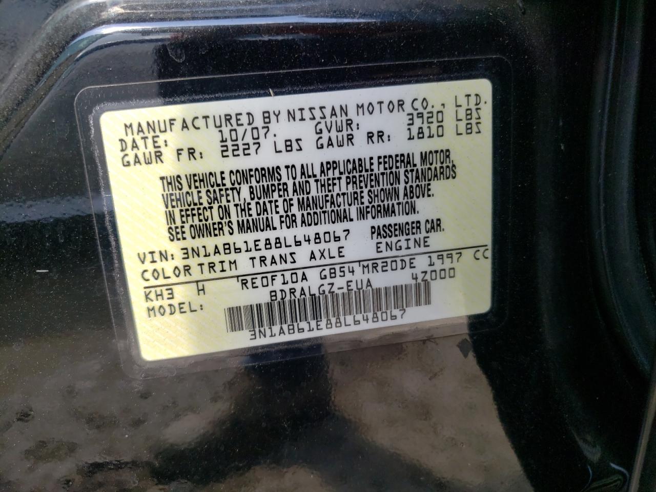 Photo 10 from auction – 2008 NISSAN SENTRA with VIN 3N1AB61E88L648067