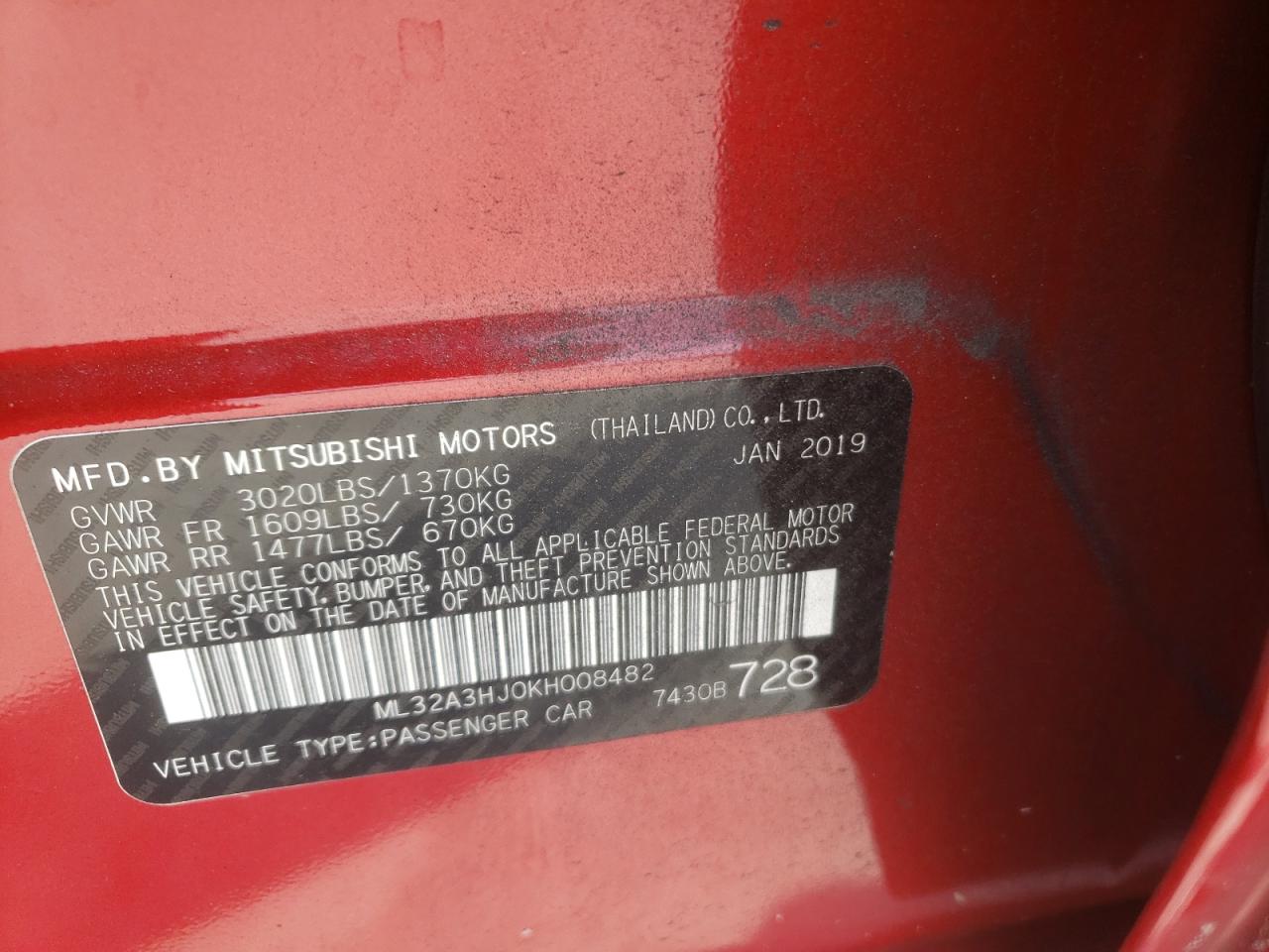 Photo 10 from auction – 2019 MITSUBISHI MIRAGE ES with VIN ML32A3HJ0KH008482