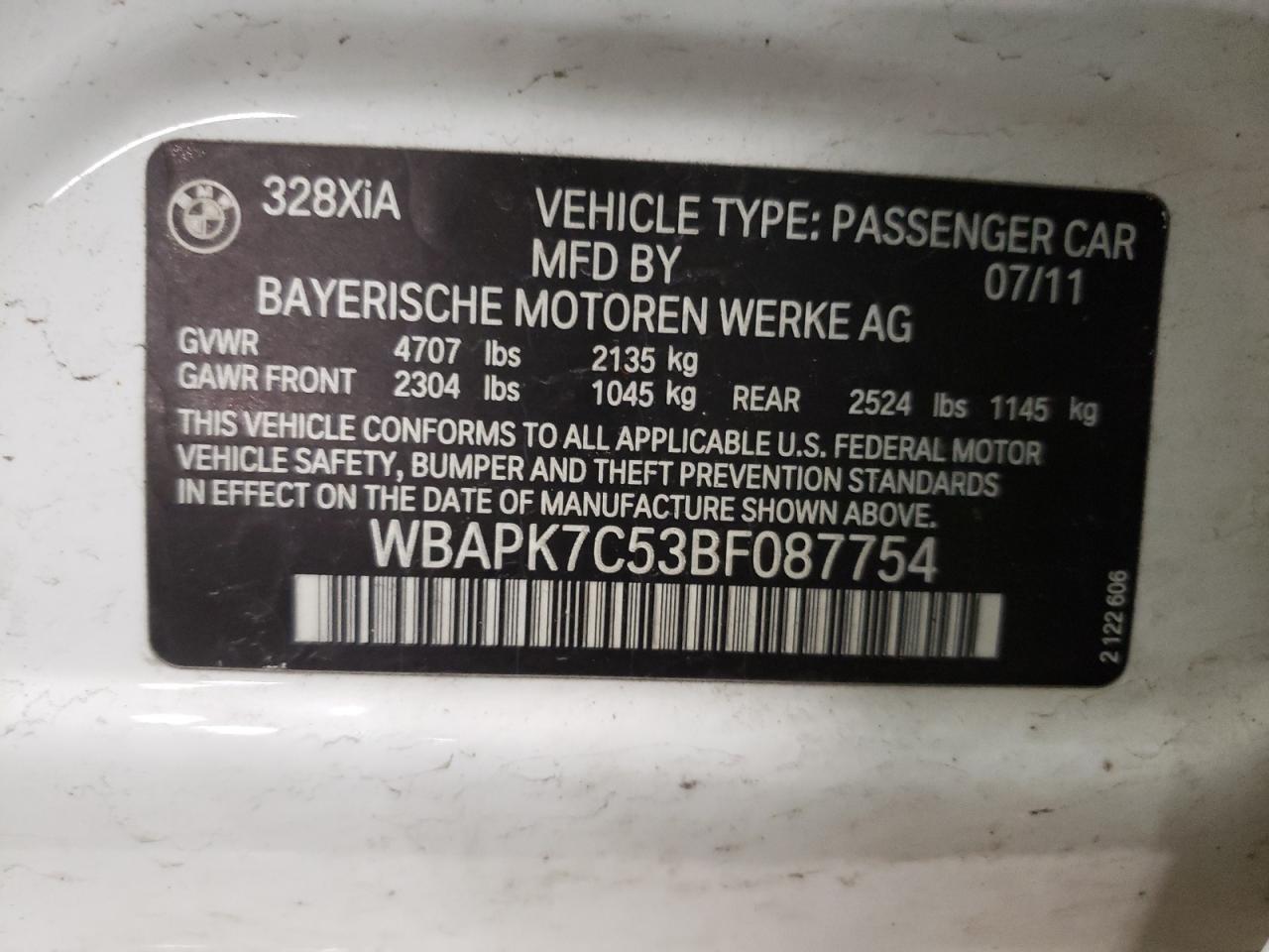 Photo 10 from auction – 2011 BMW 328 XI with VIN WBAPK7C53BF087754