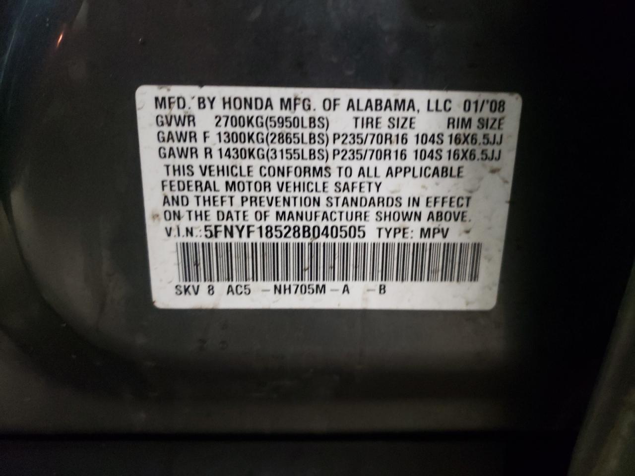 Фото 10 с аукциона – 2008 HONDA PILOT EXL с VIN 5FNYF18528B040505