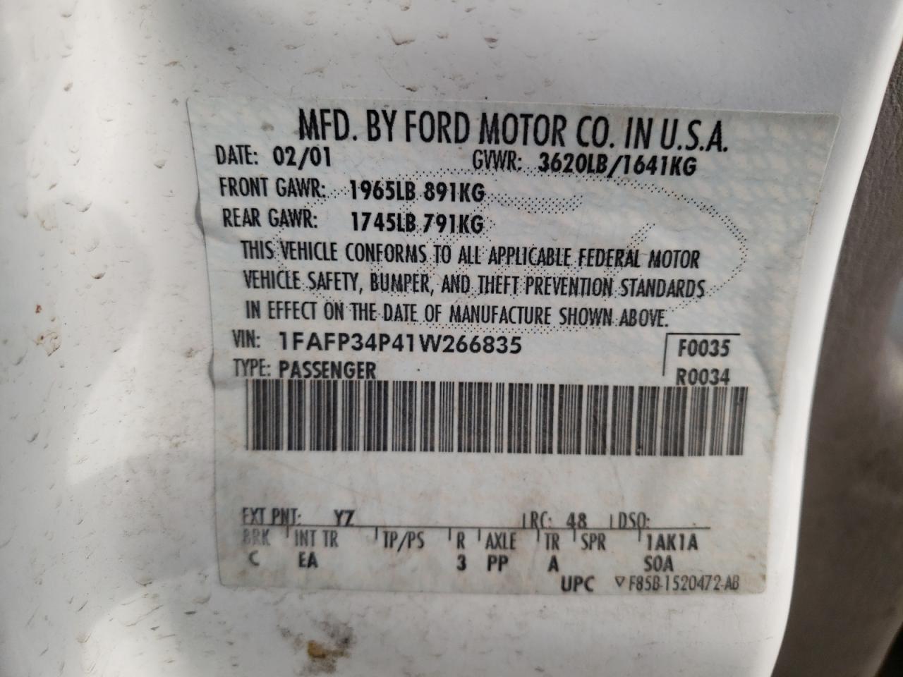 Photo 10 from auction – 2001 FORD FOCUS SE with VIN 1FAFP34P41W266835