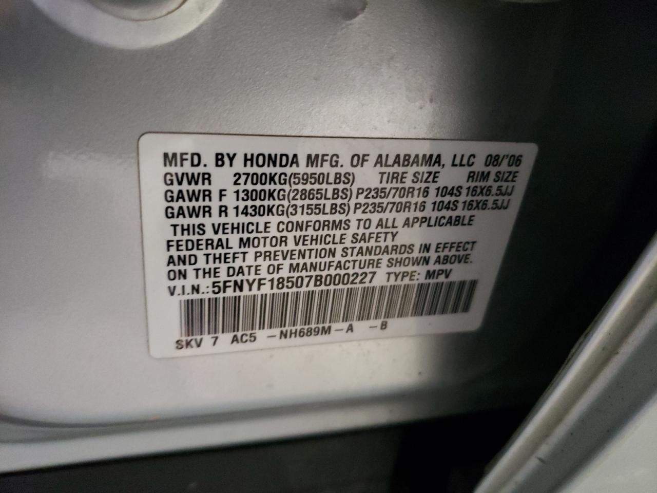 Photo 10 from auction – 2007 HONDA PILOT EXL with VIN 5FNYF18507B000227