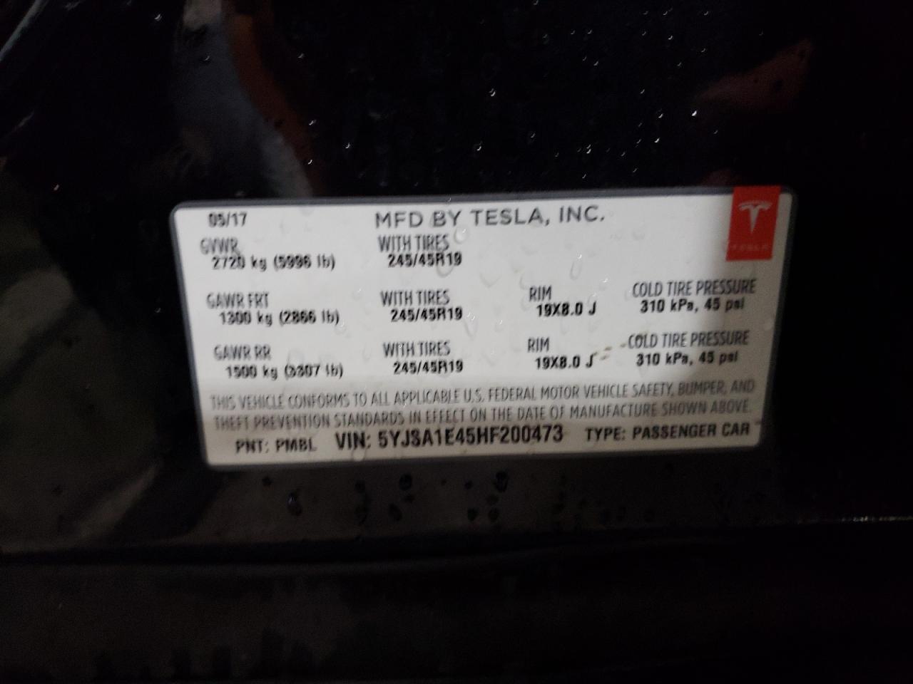 Photo 10 from auction – 2017 TESLA MODEL S with VIN 5YJSA1E45HF200473