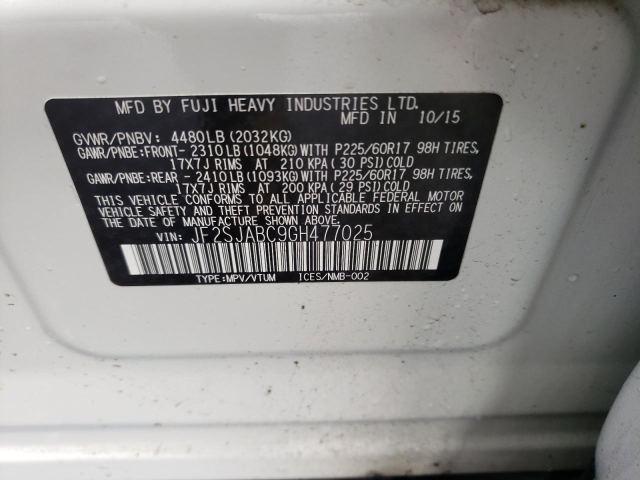 Photo 10 from auction – 2016 SUBARU FORESTER 2 with VIN JF2SJABC9GH477025
