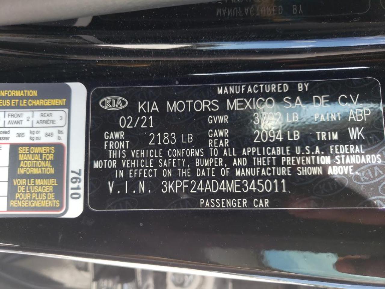 Photo 10 from auction – 2021 KIA FORTE FE with VIN 3KPF24AD4ME345011