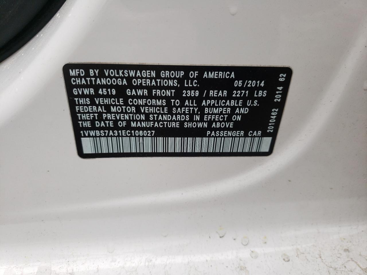 Photo 10 from auction – 2014 VOLKSWAGEN PASSAT SE with VIN 1VWBS7A31EC106027