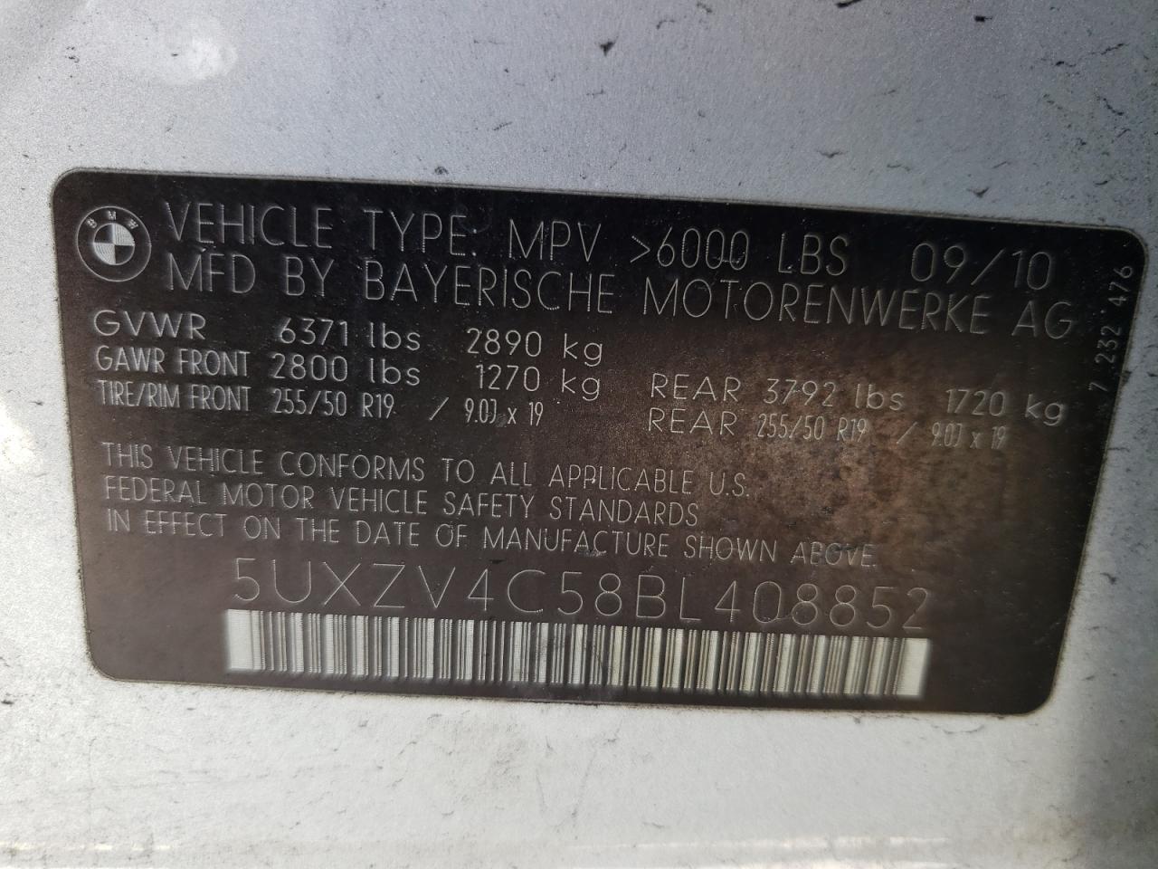 Photo 10 from auction – 2011 BMW X5 XDRIVE3 with VIN 5UXZV4C58BL408852