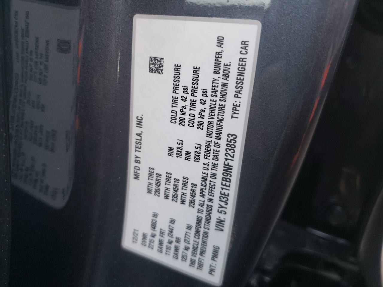 Photo 10 from auction – 2022 TESLA MODEL 3 with VIN 5YJ3E1EB9NF123853