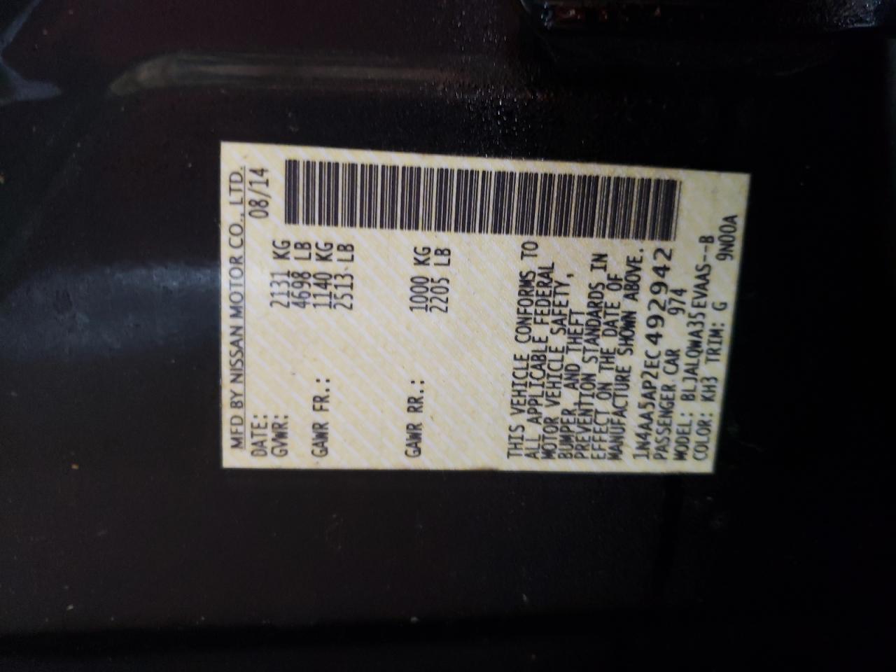 Photo 10 from auction – 2014 NISSAN MAXIMA S with VIN 1N4AA5AP2EC492942