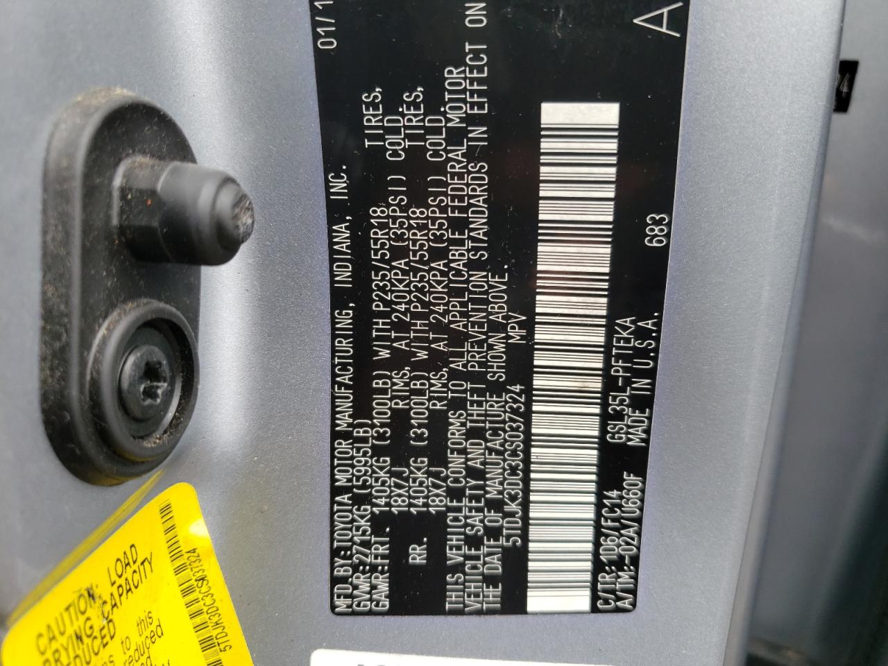 Photo 10 from auction – 2012 TOYOTA SIENNA LE with VIN 5TDJK3DC3CS037324