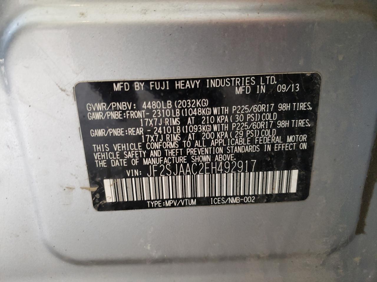 Photo 10 from auction – 2014 SUBARU FORESTER 2 with VIN JF2SJAAC2EH492917