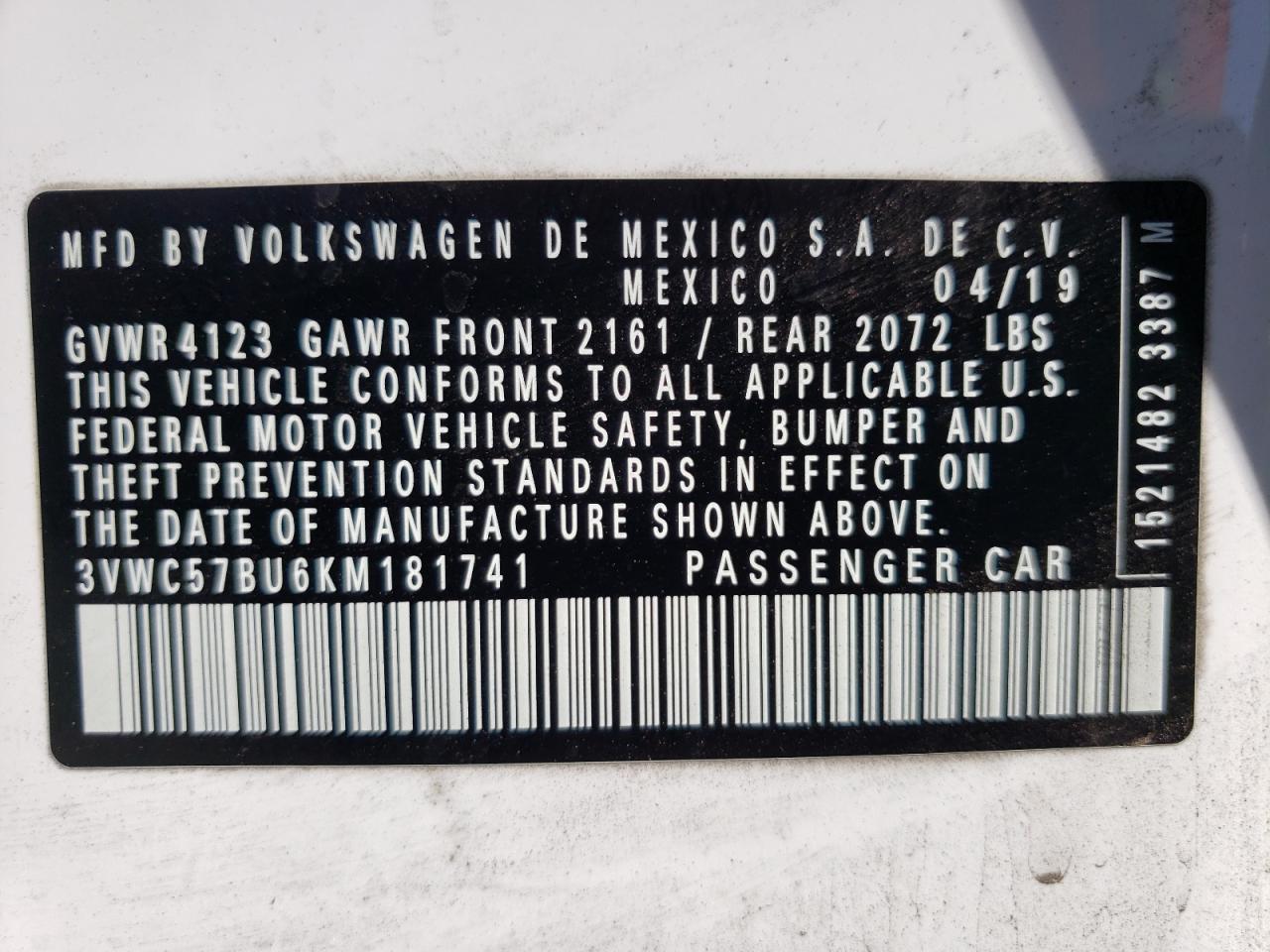 Photo 10 from auction – 2019 VOLKSWAGEN JETTA S with VIN 3VWC57BU6KM181741