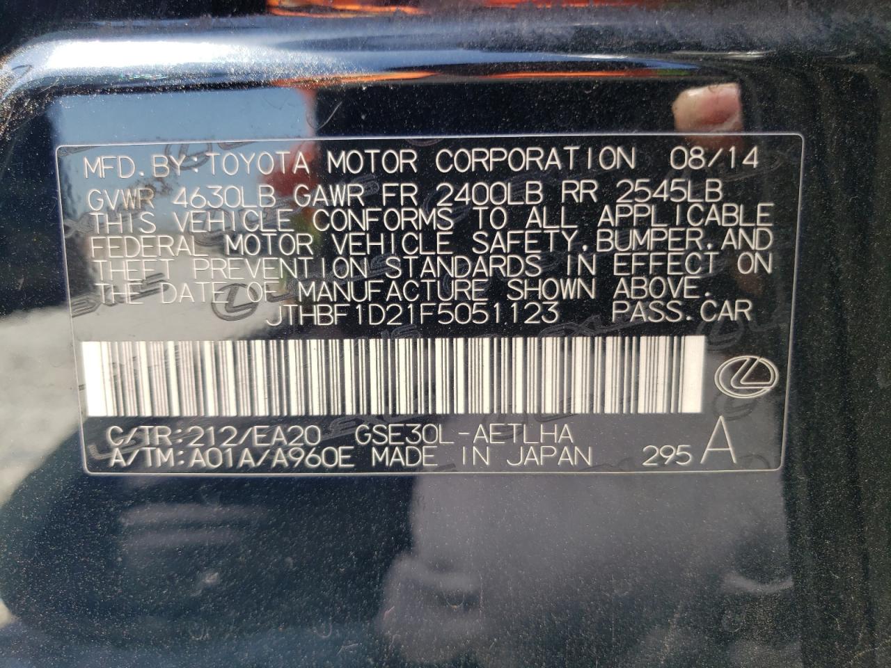 Photo 10 from auction – 2015 LEXUS IS 250 with VIN JTHBF1D21F5051123