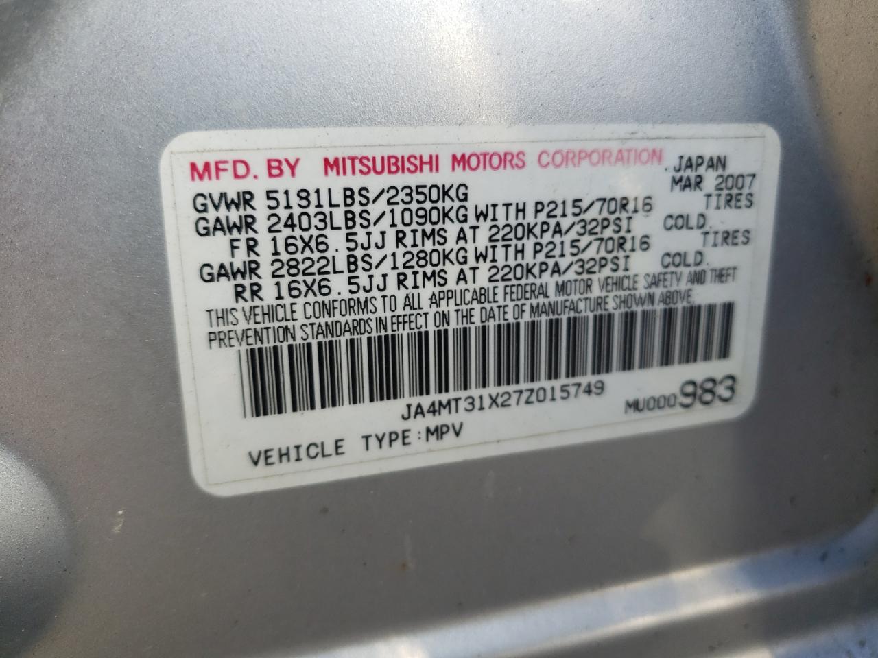 Photo 10 from auction – 2007 MITSUBISHI OUTLANDER with VIN JA4MT31X27Z015749