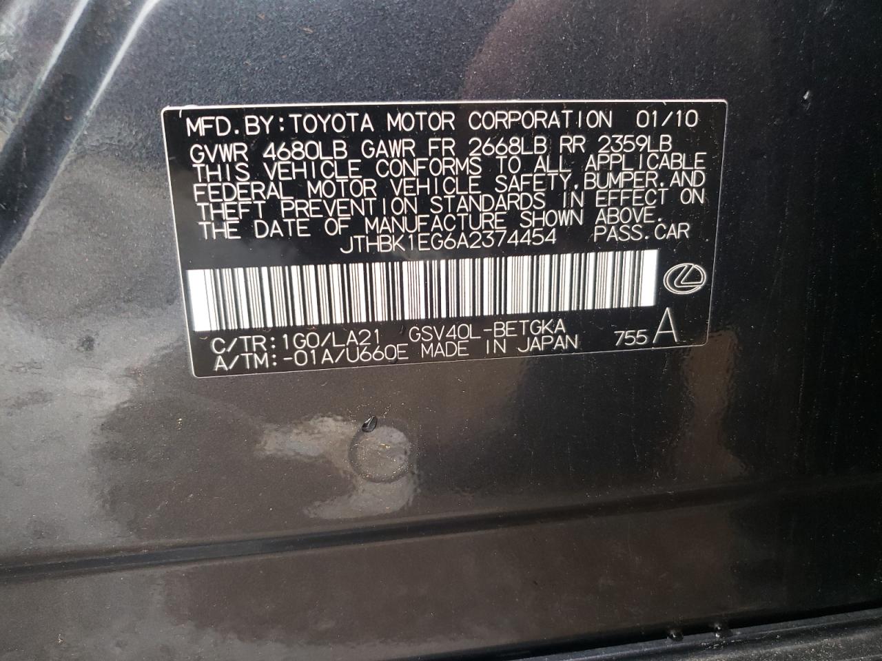 Photo 10 from auction – 2010 LEXUS ES 350 with VIN JTHBK1EG6A2374454