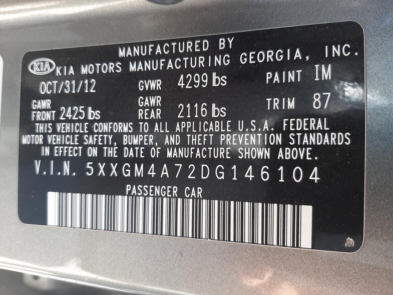 Photo 10 from auction – 2013 KIA OPTIMA LX with VIN 5XXGM4A72DG146104