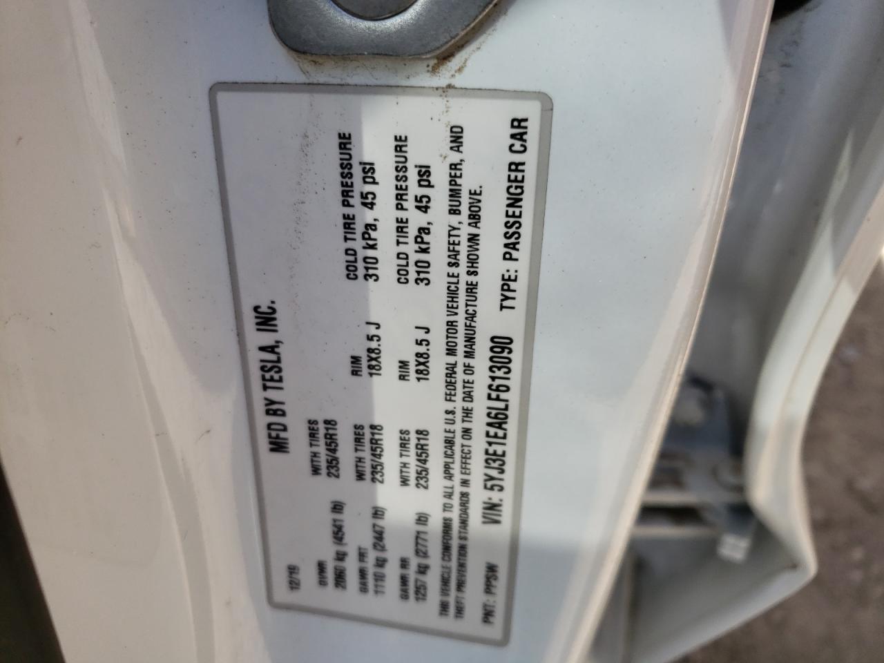 Photo 10 from auction – 2020 TESLA MODEL 3 with VIN 5YJ3E1EA6LF613090