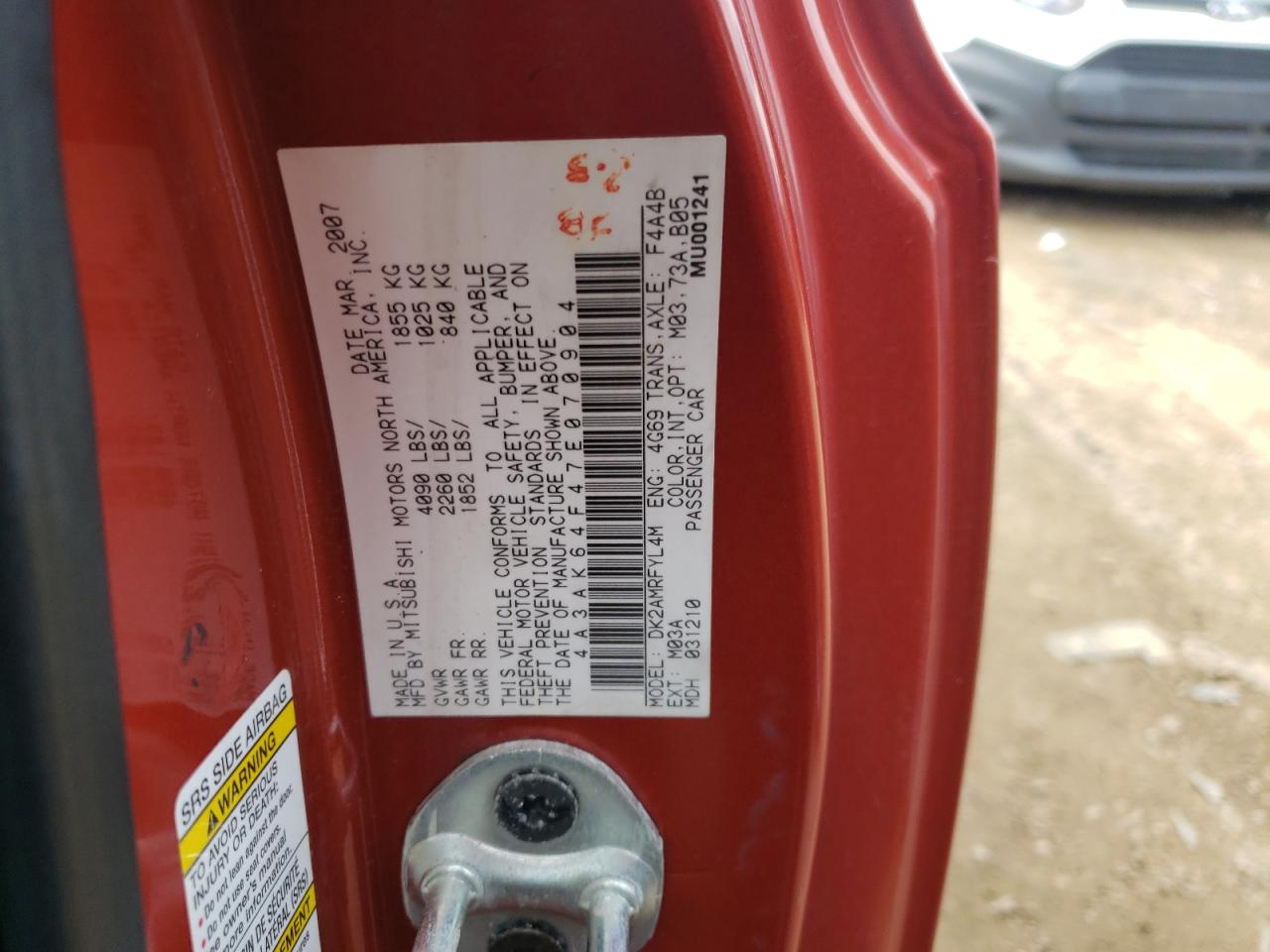Photo 10 from auction – 2007 MITSUBISHI ECLIPSE ES with VIN 4A3AK64F47E070904