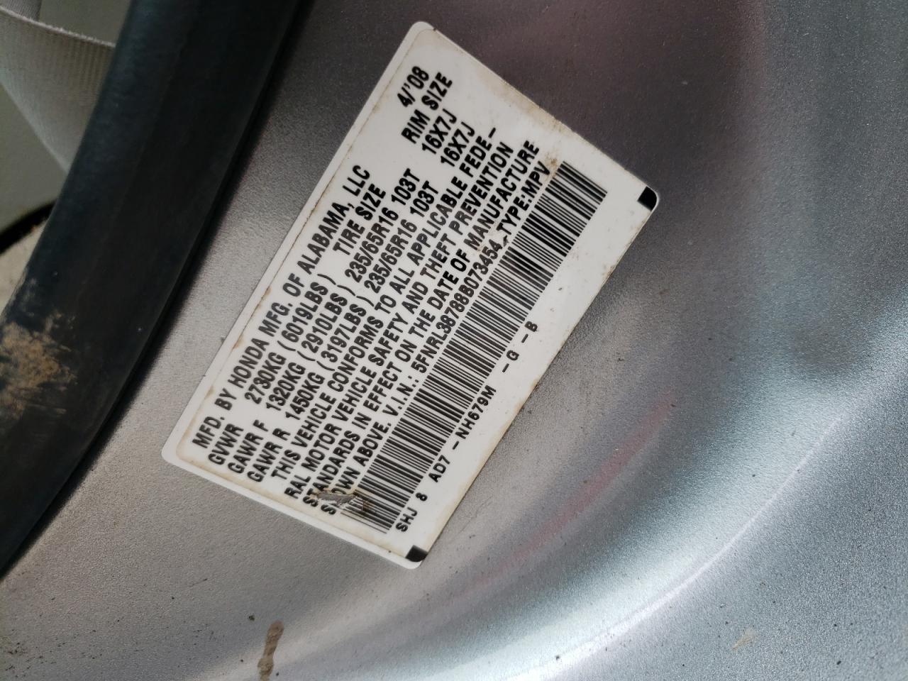 Photo 10 from auction – 2008 HONDA ODYSSEY EX with VIN 5FNRL38788B073454