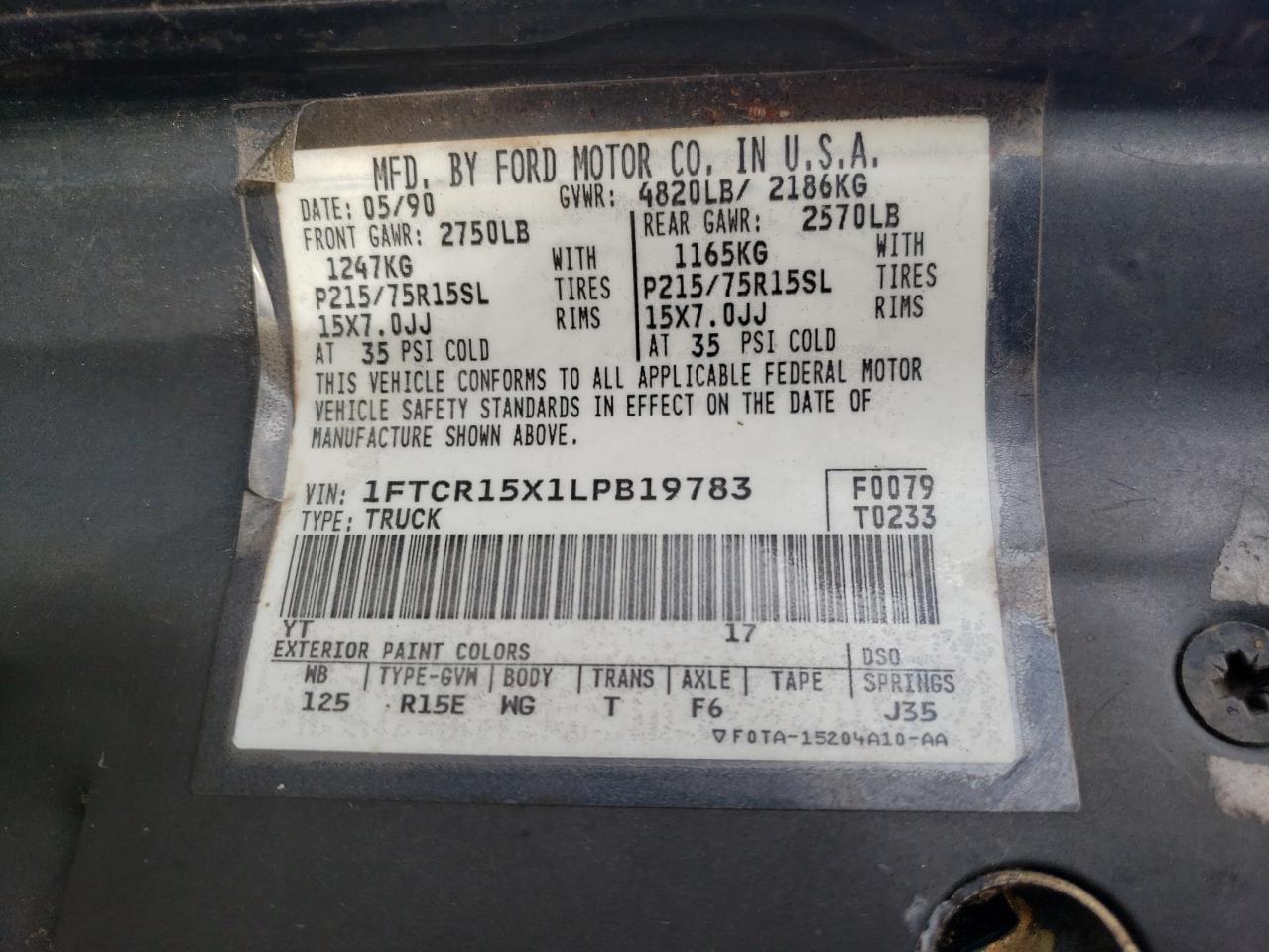 Photo 10 from auction – 1990 FORD RANGER SUP with VIN 1FTCR15X1LPB19783