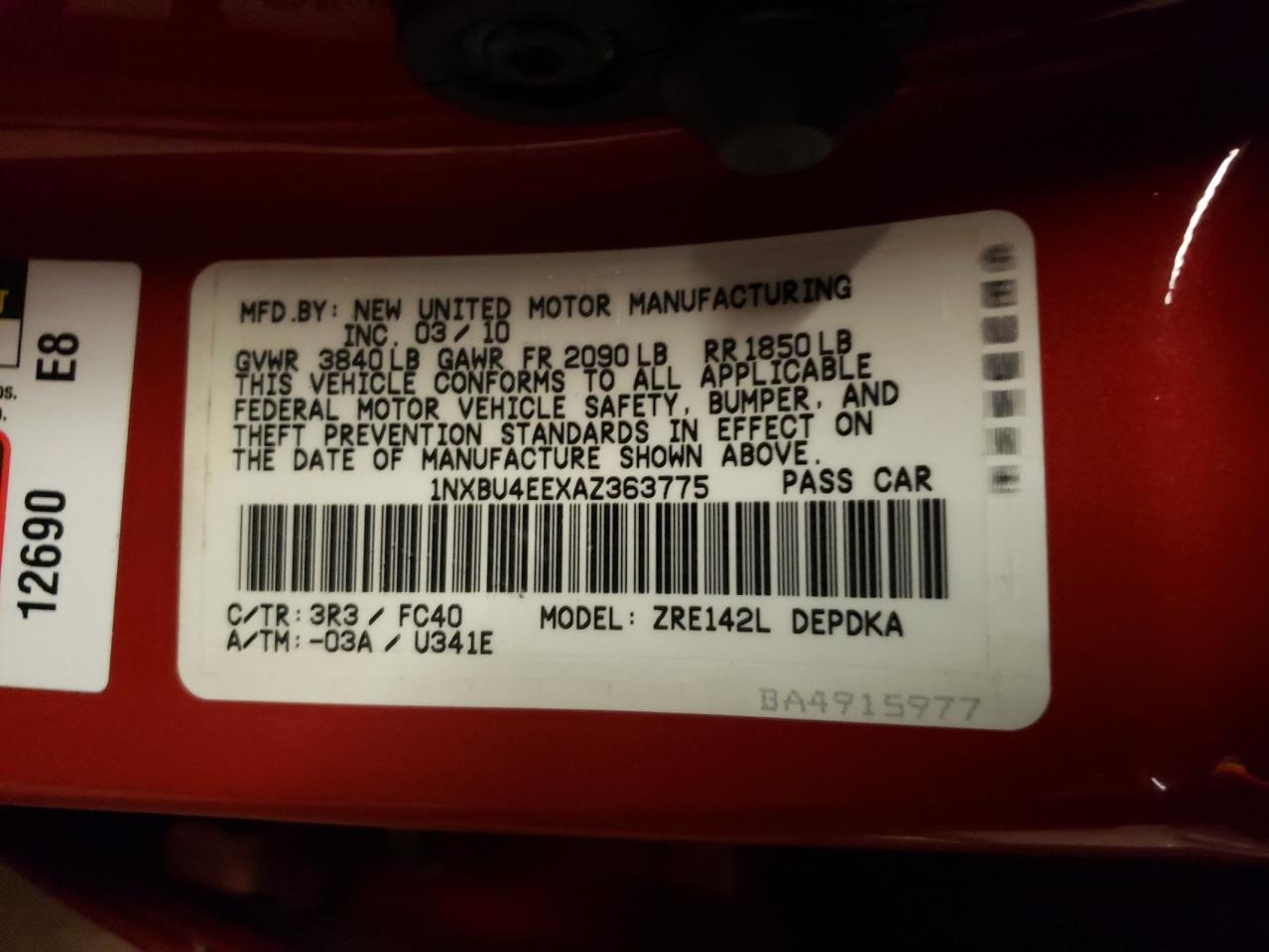 Photo 10 from auction – 2010 TOYOTA COROLLA LE with VIN 1NXBU4EEXAZ363775
