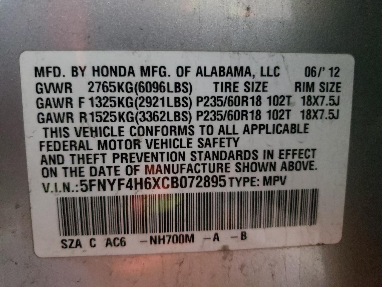 Photo 10 from auction – 2012 HONDA PILOT EXL with VIN 5FNYF4H6XCB072895