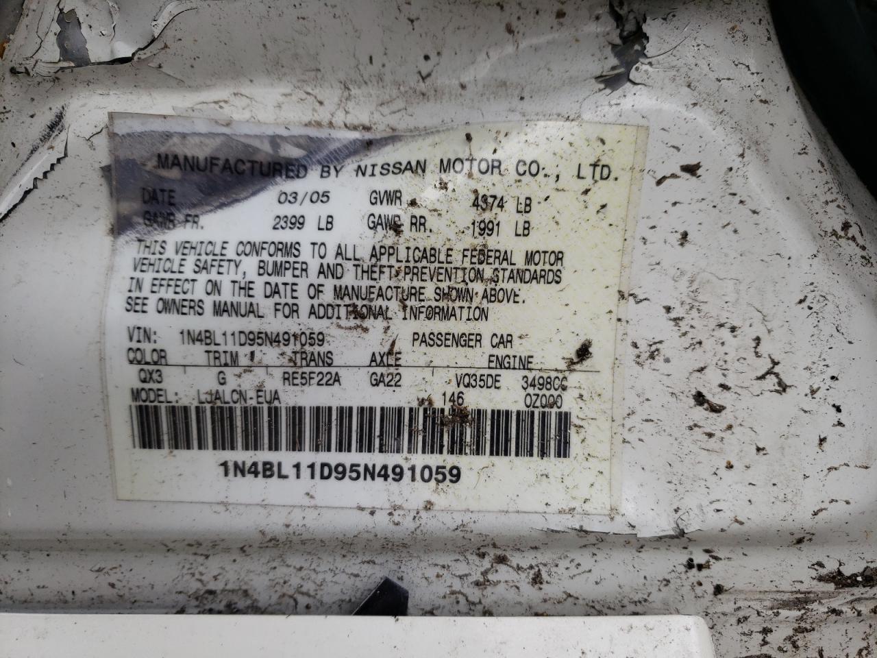 Photo 10 from auction – 2005 NISSAN ALTIMA SE with VIN 1N4BL11D95N491059