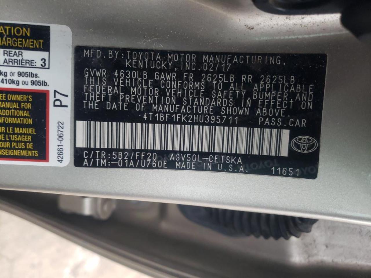 Photo 10 from auction – 2017 TOYOTA CAMRY LE with VIN 4T1BF1FK2HU395711