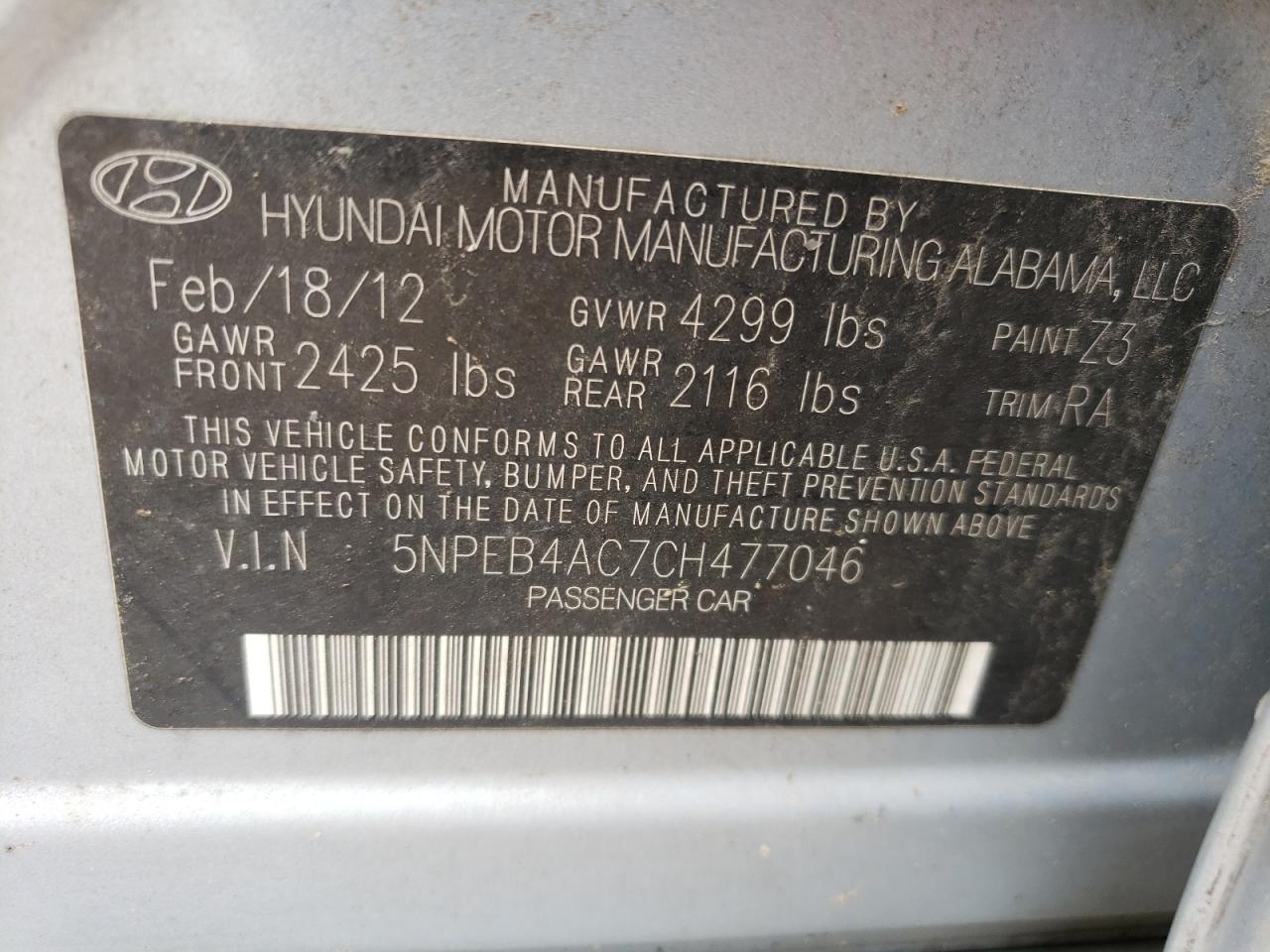 Photo 10 from auction – 2012 HYUNDAI SONATA GLS with VIN 5NPEB4AC7CH477046