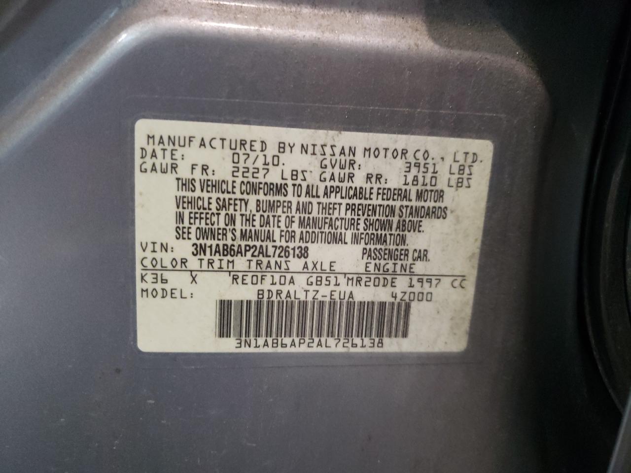 Photo 10 from auction – 2010 NISSAN SENTRA 2.0 with VIN 3N1AB6AP2AL726138