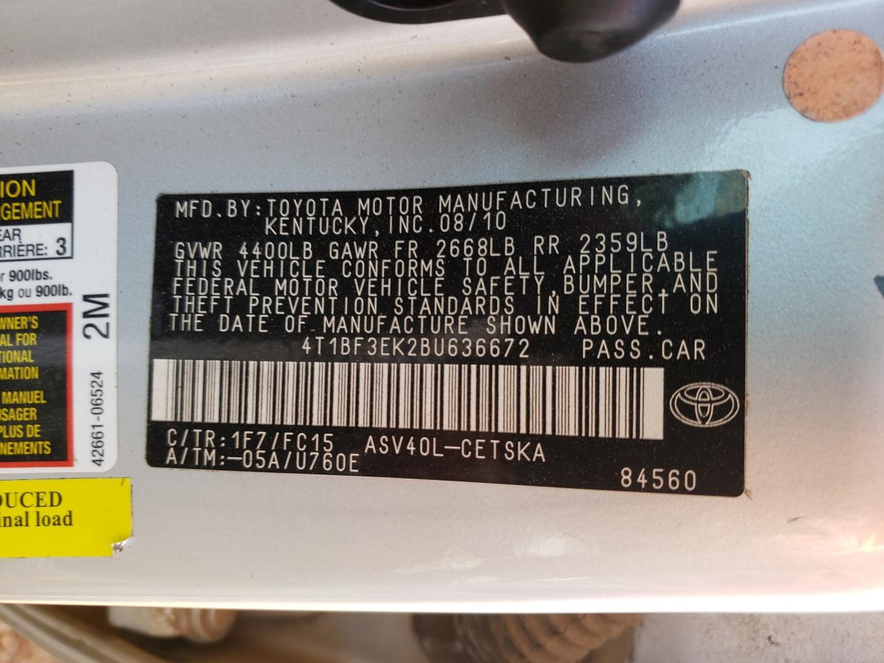 صورة رقم 10 من المزاد - 2011 TOYOTA CAMRY BASE مع VIN 4T1BF3EK2BU636672