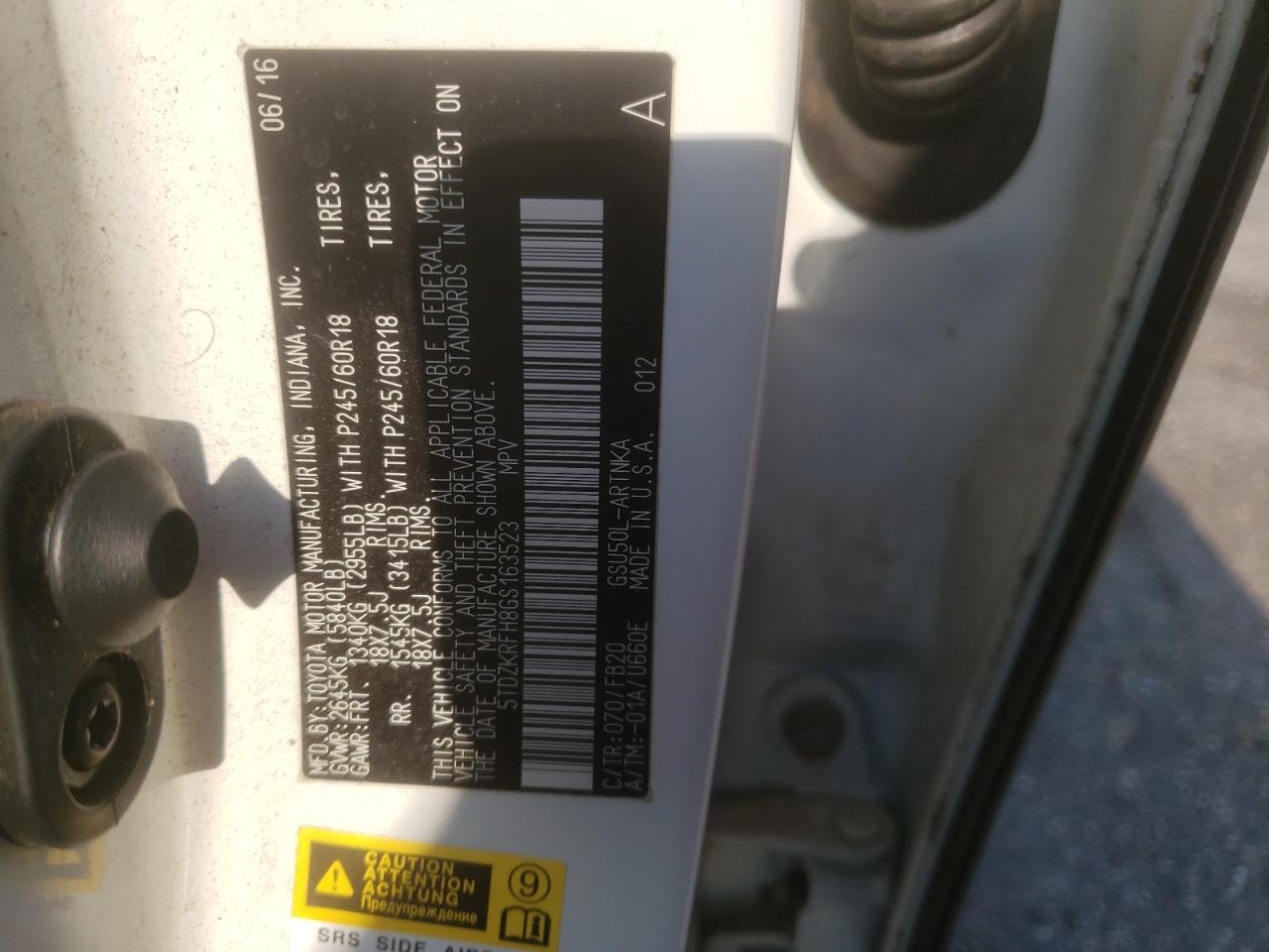 Photo 10 from auction – 2016 TOYOTA HIGHLANDER with VIN 5TDZKRFH8GS163523