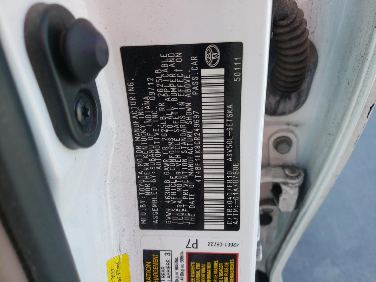 Photo 10 from auction – 2012 TOYOTA CAMRY BASE with VIN 4T4BF1FK8CR249697