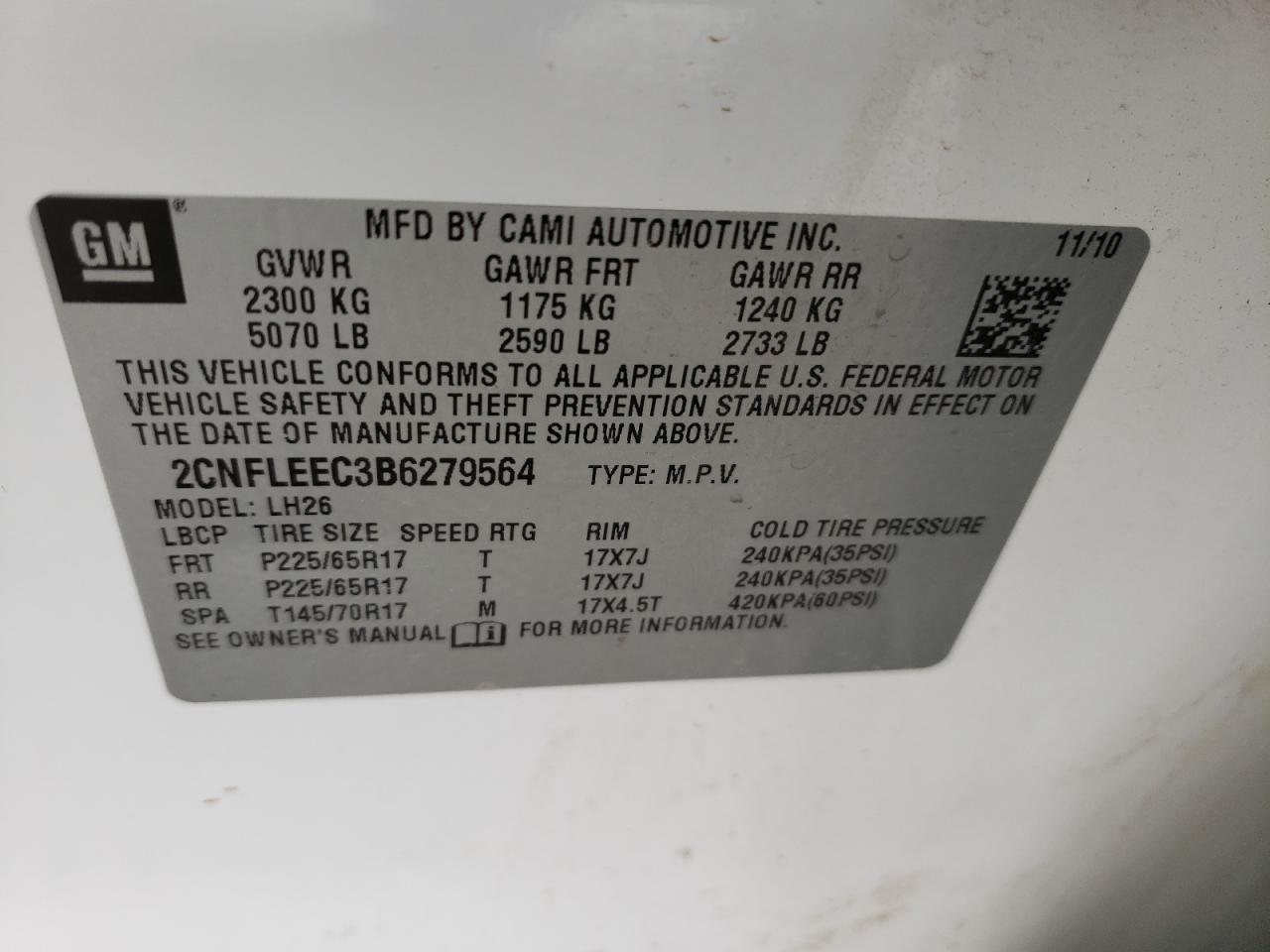 Photo 10 from auction – 2011 CHEVROLET EQUINOX LT with VIN 2CNFLEEC3B6279564