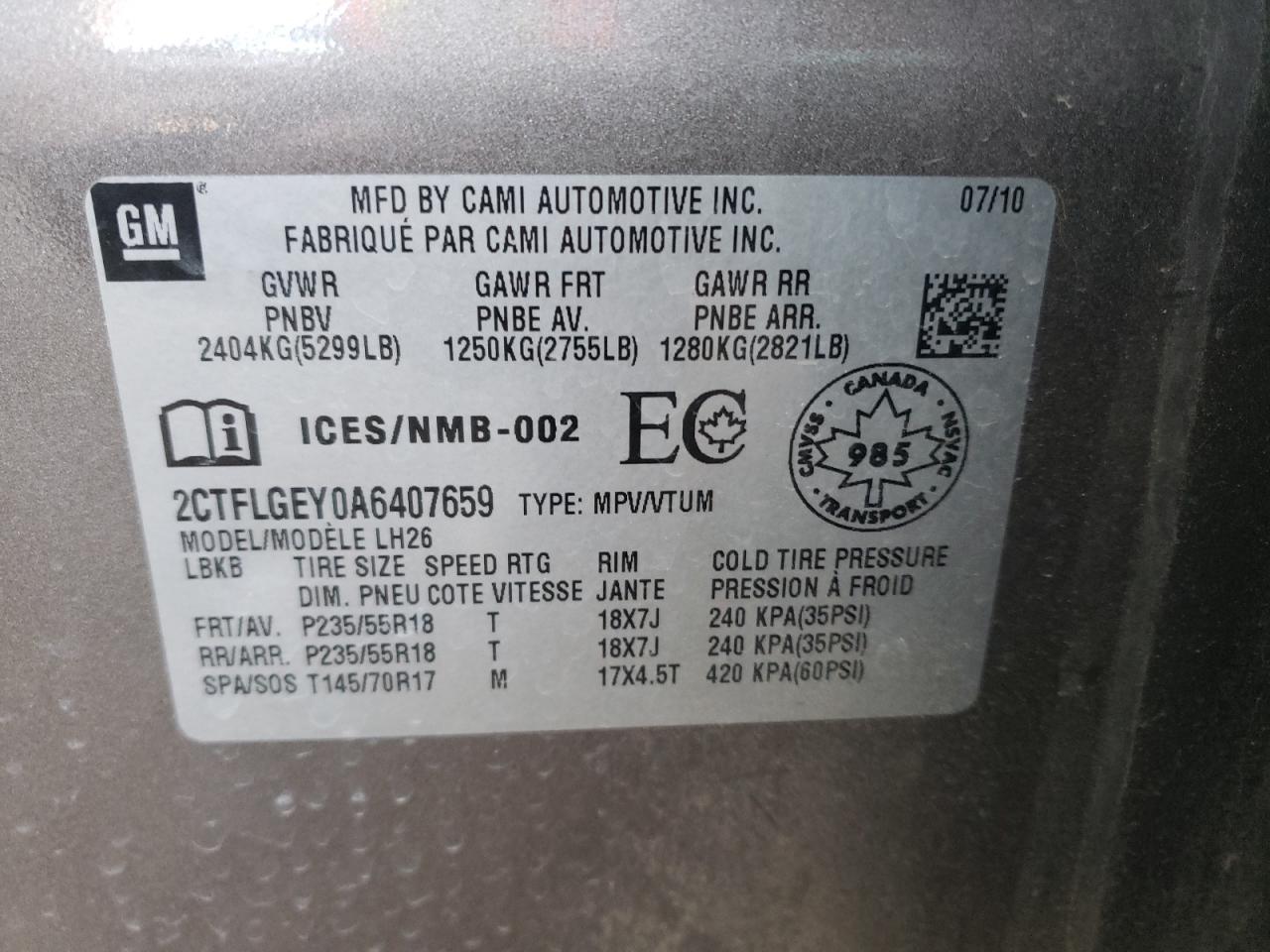Photo 10 from auction – 2010 GMC TERRAIN SL with VIN 2CTFLGEY0A6407659