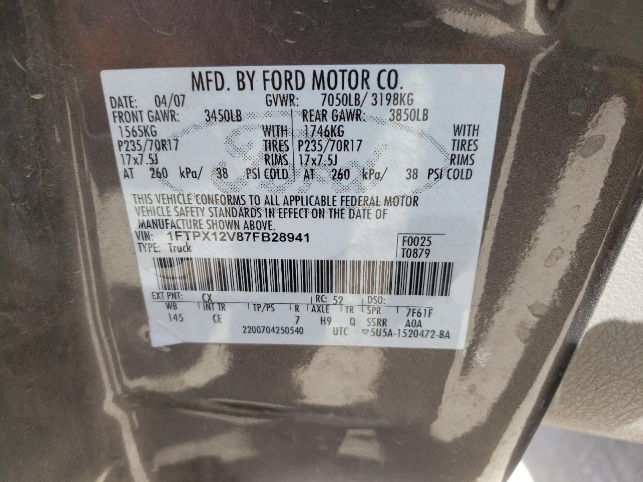 Photo 10 from auction – 2007 FORD F150 with VIN 1FTPX12V87FB28941
