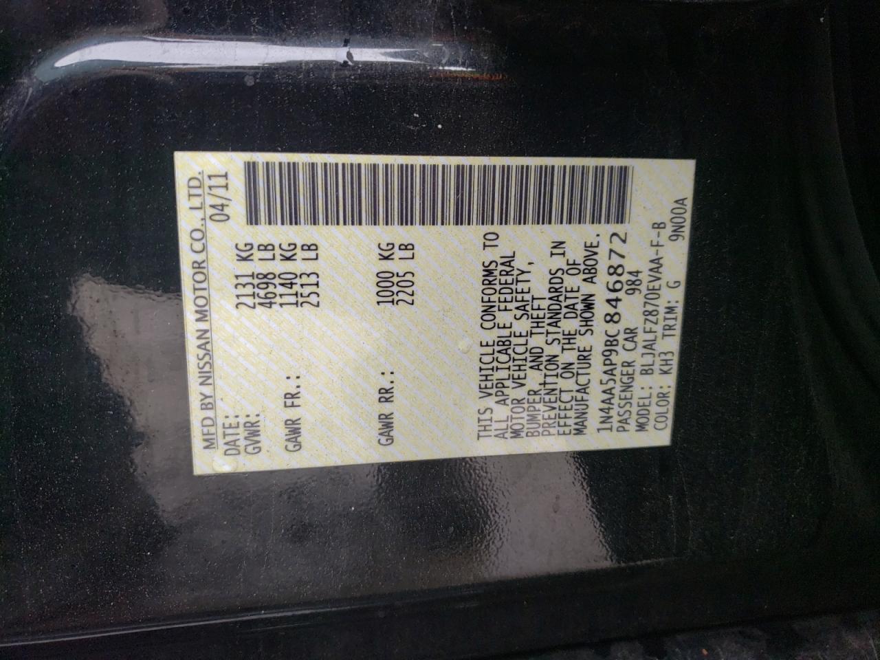 Photo 10 from auction – 2011 NISSAN MAXIMA S with VIN 1N4AA5AP9BC846872