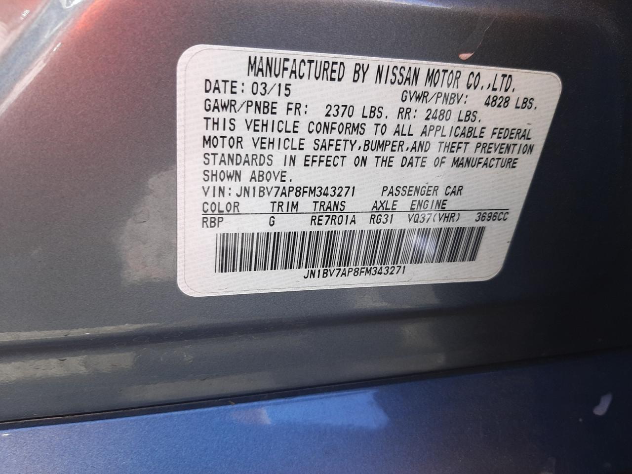 Photo 10 from auction – 2015 INFINITI Q50 BASE with VIN JN1BV7AP8FM343271
