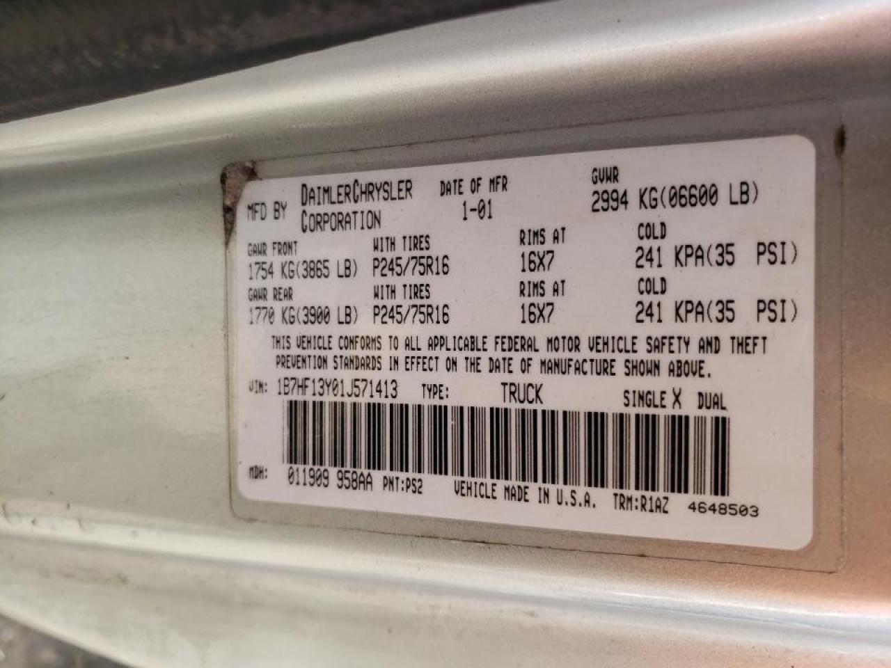 Photo 10 from auction – 2001 DODGE RAM 1500 with VIN 1B7HF13Y01J571413