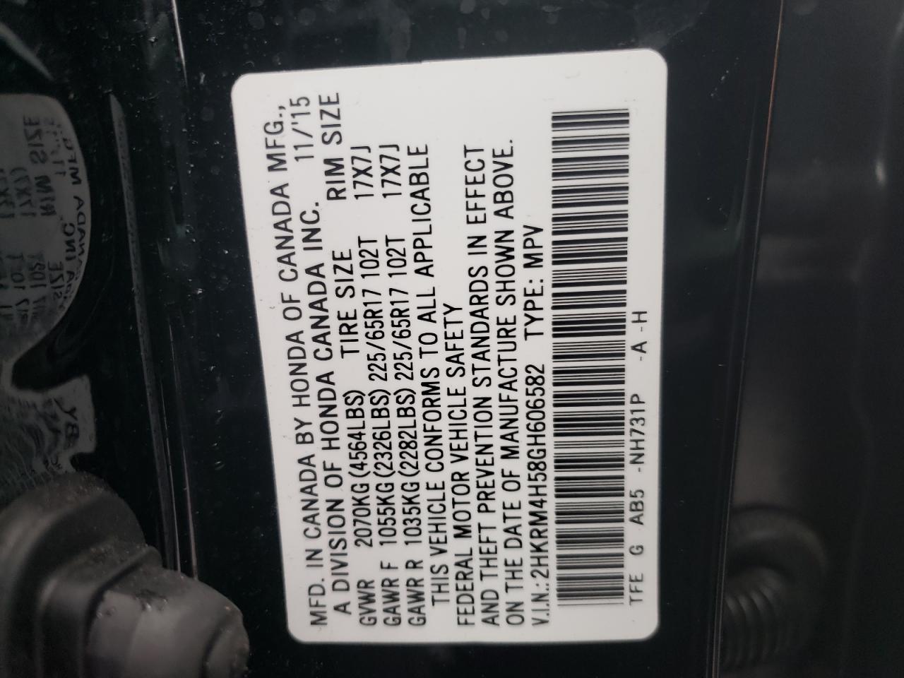Photo 10 from auction – 2016 HONDA CR-V EX with VIN 2HKRM4H58GH606582