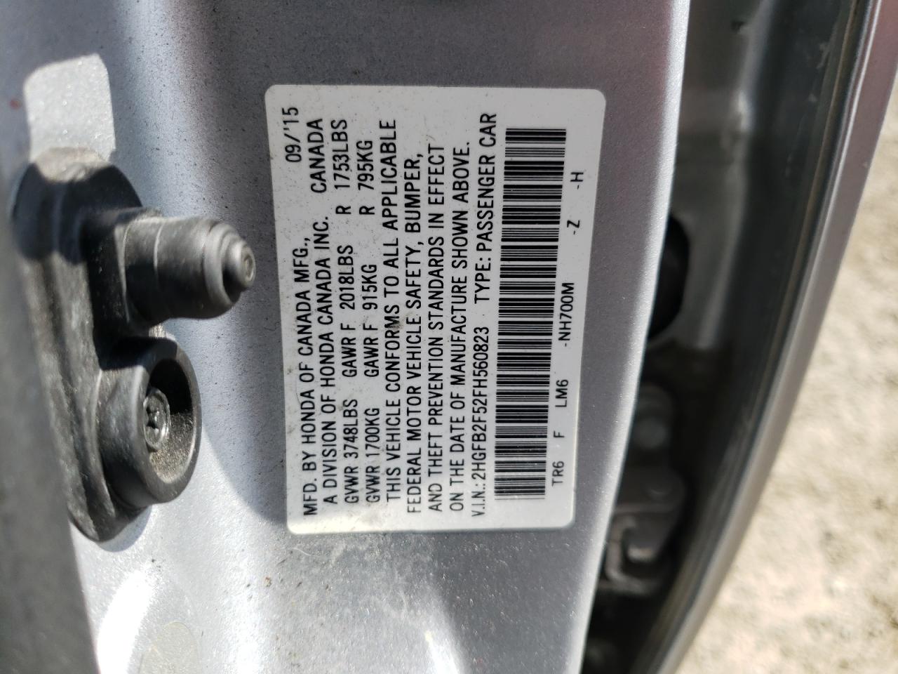 Photo 10 from auction – 2015 HONDA CIVIC LX with VIN 2HGFB2F52FH560823