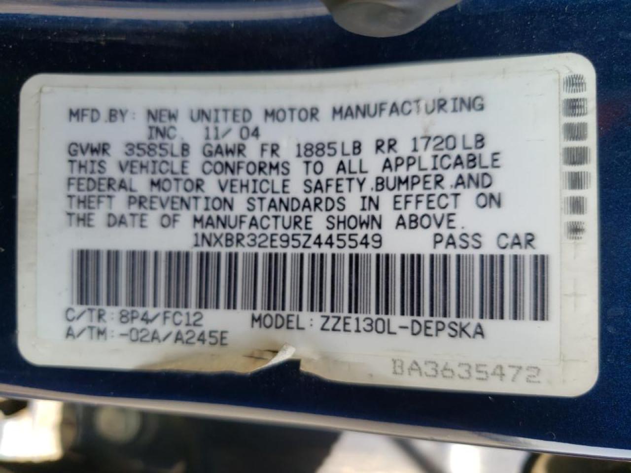 Photo 10 from auction – 2005 TOYOTA COROLLA CE with VIN 1NXBR32E95Z445549