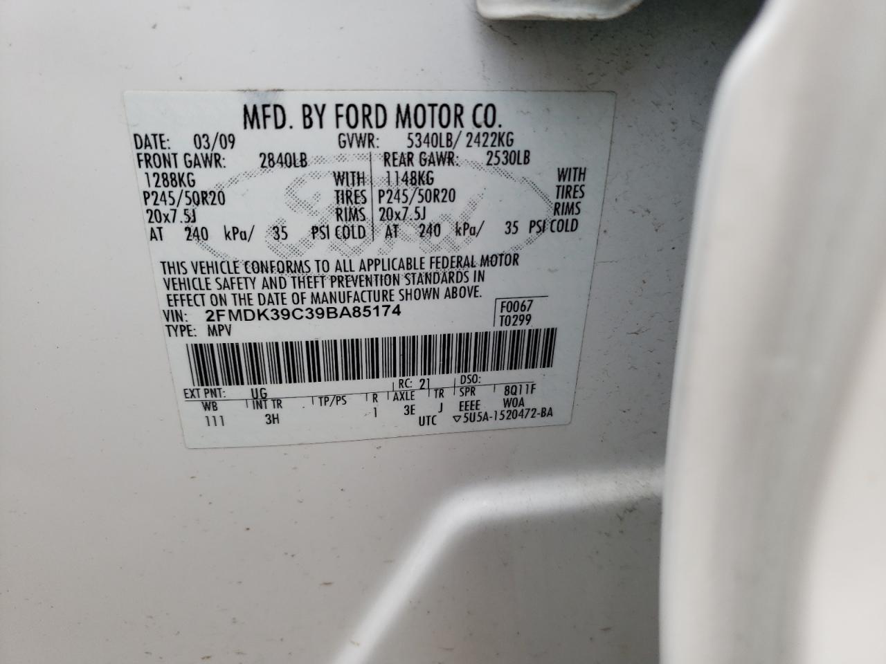 Photo 10 from auction – 2009 FORD EDGE LIMIT with VIN 2FMDK39C39BA85174