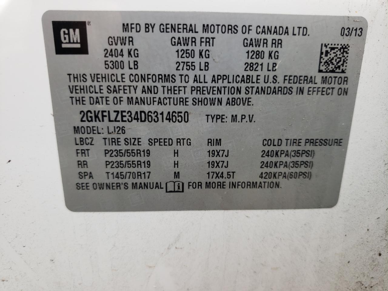 Photo 10 from auction – 2013 GMC TERRAIN DE with VIN 2GKFLZE34D6314650