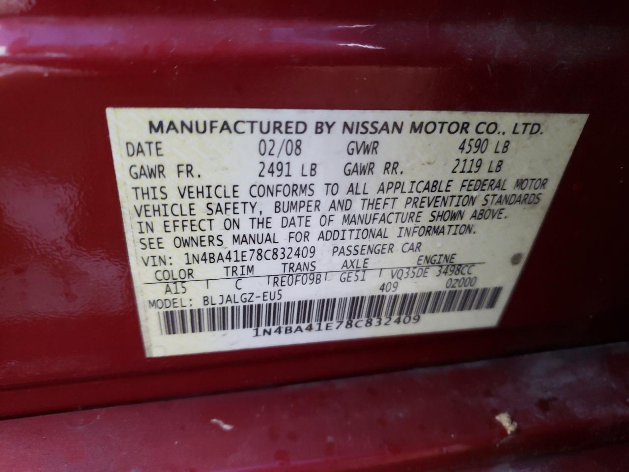 Photo 10 from auction – 2008 NISSAN MAXIMA SE with VIN 1N4BA41E78C832409