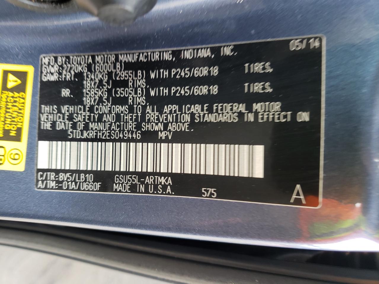 Photo 10 from auction – 2014 TOYOTA HIGHLANDER with VIN 5TDJKRFH2ES049446