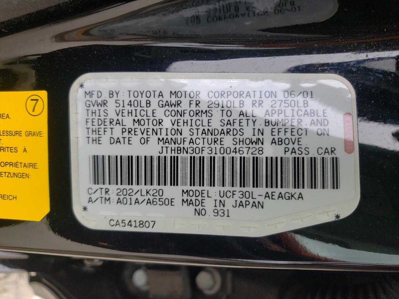 Photo 10 from auction – 2001 LEXUS LS 430 with VIN JTHBN30F310046728