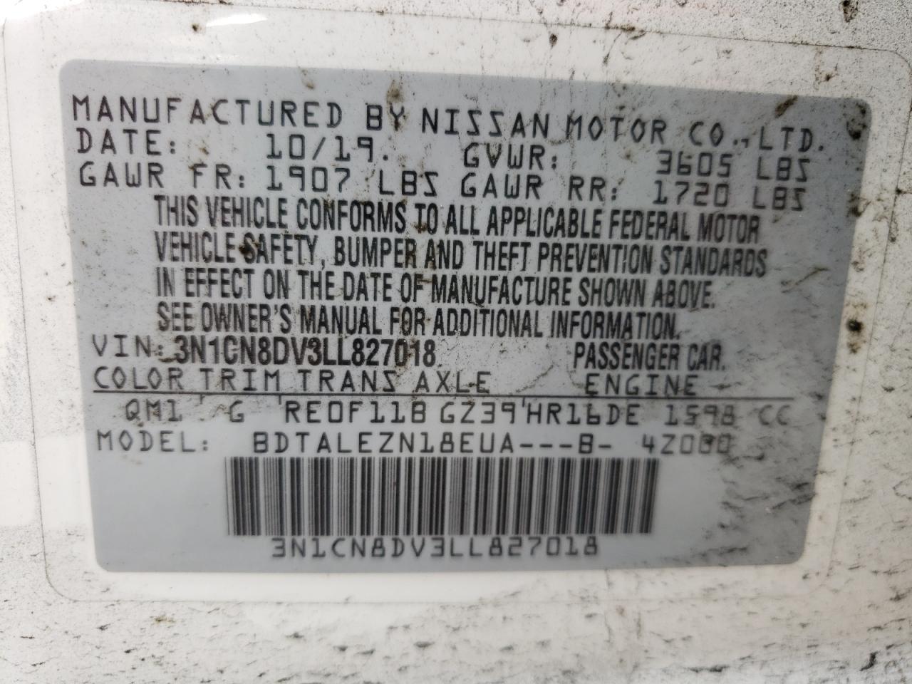 Photo 10 from auction – 2020 NISSAN VERSA with VIN 3N1CN8DV3LL827018